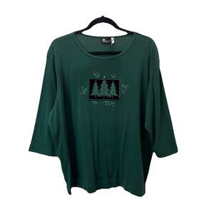Vintage Sunburst Green Christmas Tree Embroidered Holiday Shirt Womens Size 2XL